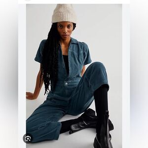 We The Free Marla Cord Blue Corduroy Utility Inspired Pockets Cropped Jumpsuit